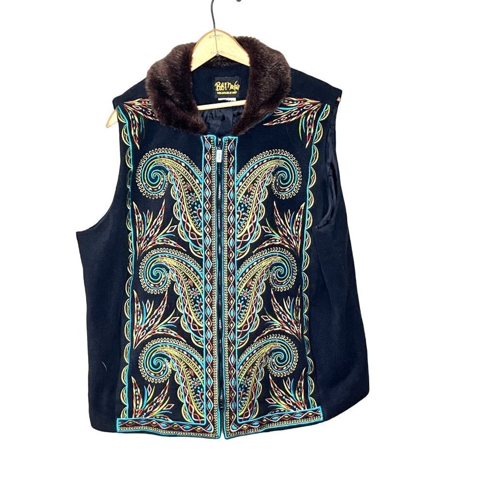 Bob Mackie Wearable Art Faux‎ Fur Collar Embroidered Vest- Size 1x